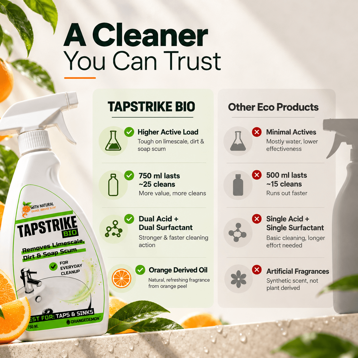 TapStrike Bio dual acid and dual surfactant formula with orange-derived scent