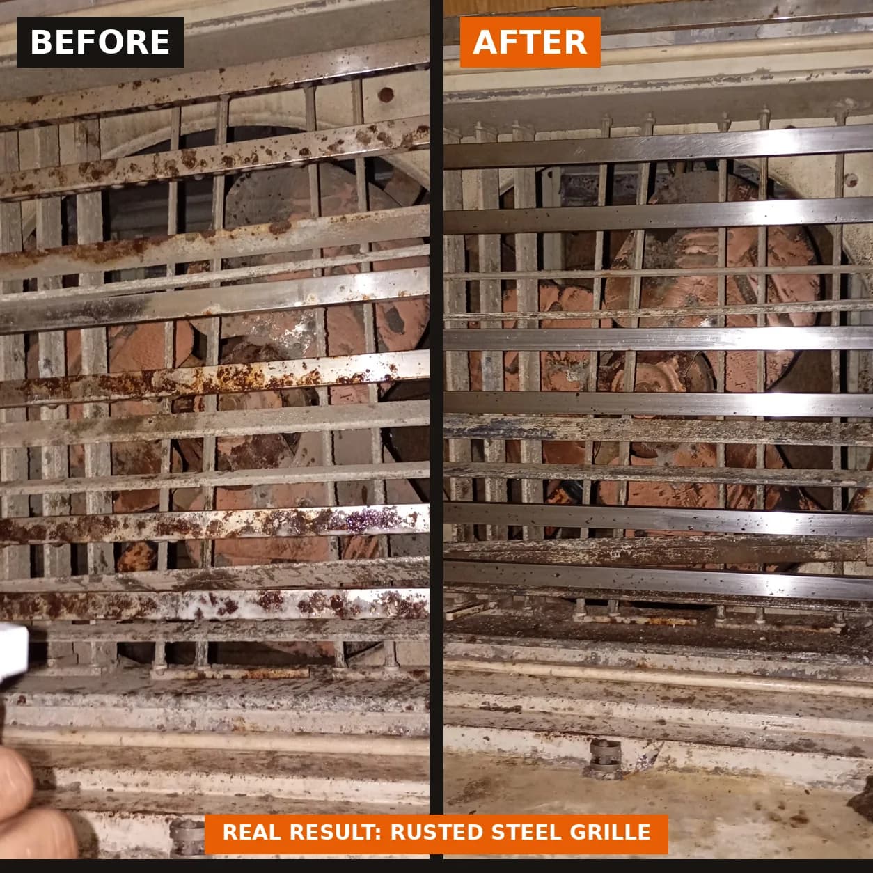Real before and after: rust spots removed from a steel exhaust grille with TapStrike Intense
