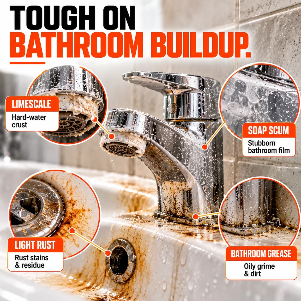 TapStrike Intense removes limescale, soap scum, light rust and bathroom grime from taps and basins