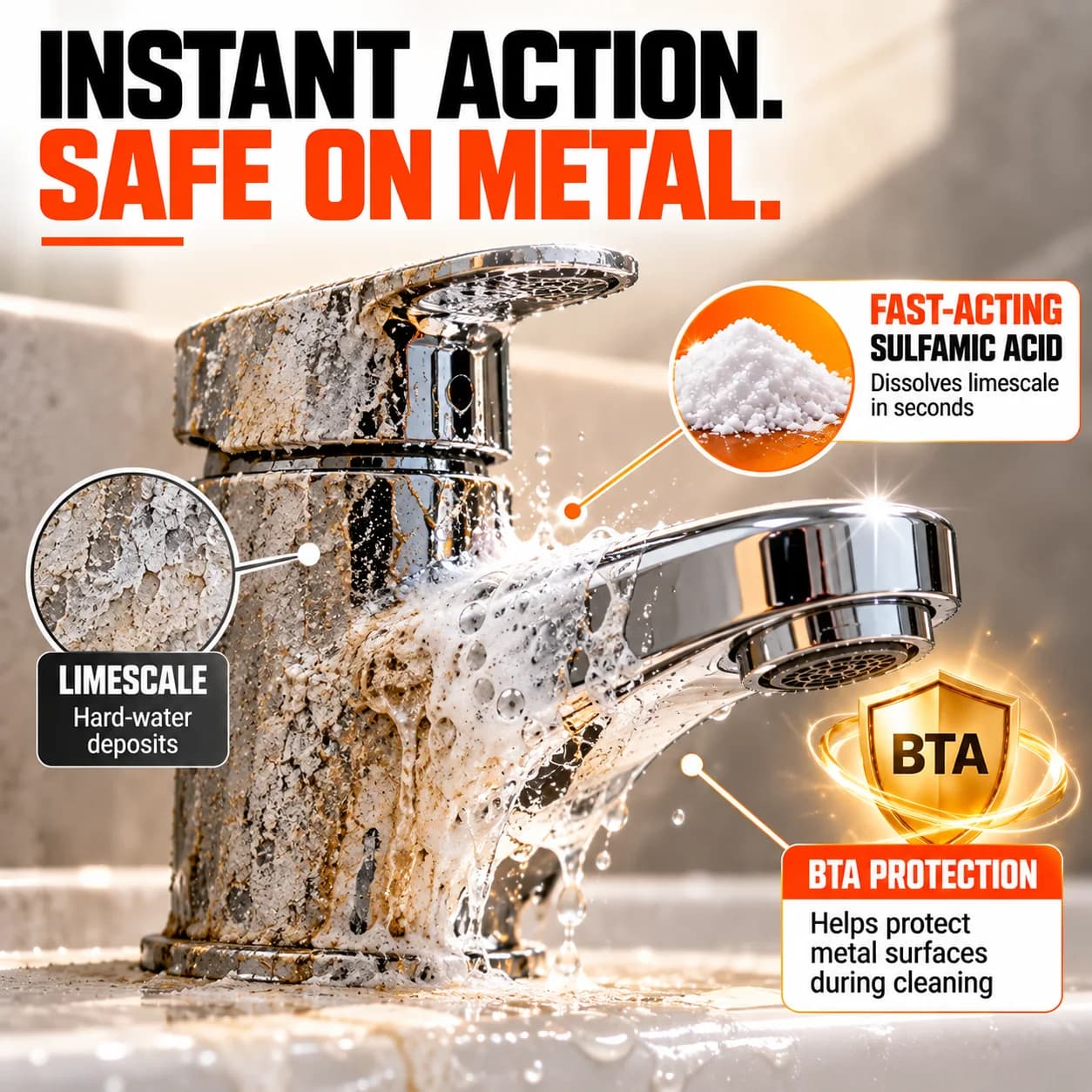 Sulfamic acid dissolves tap limescale fast while BTA protects chrome and metal finishes