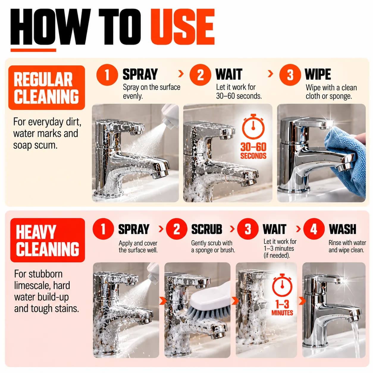 How to use TapStrike Intense: spray, wait 30-60 seconds, wipe; scrub and rinse for heavy scale