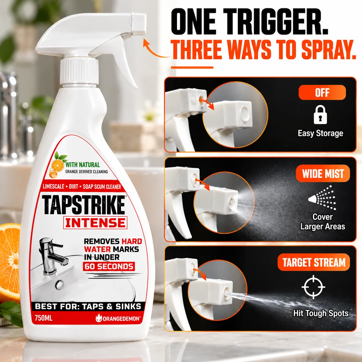 TapStrike Intense trigger with off, wide mist and target stream settings