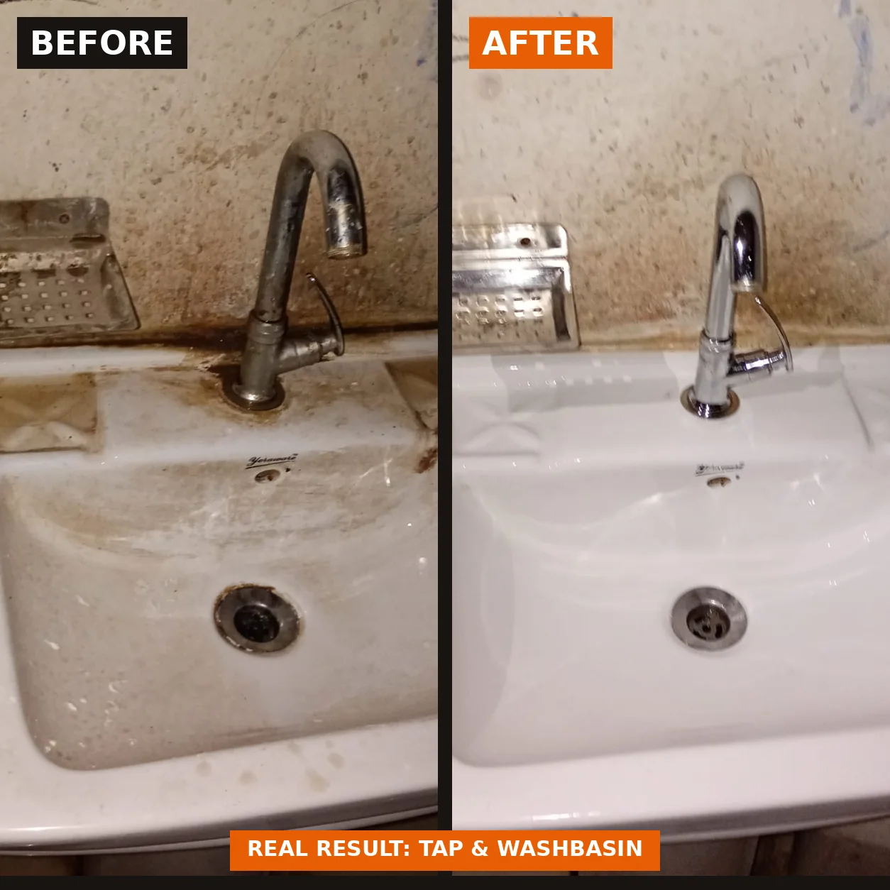 Real before and after: rusty, scaled tap and stained washbasin cleaned with TapStrike Intense