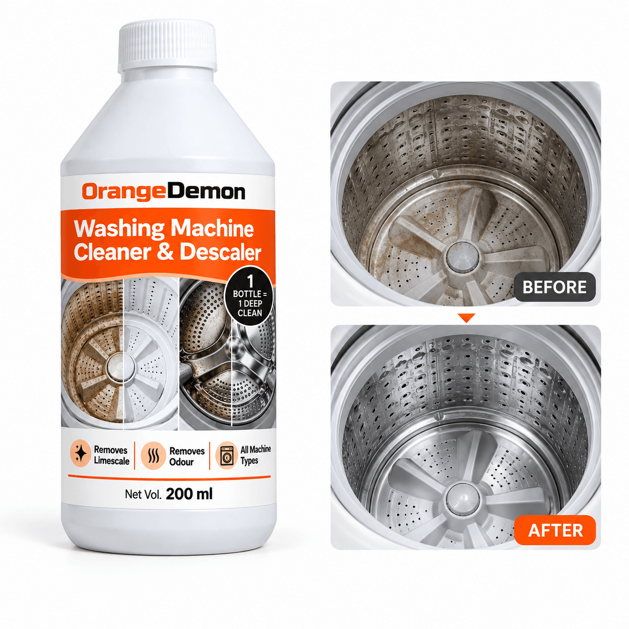 OrangeDemon washing machine cleaner liquid bottle with top load drum before and after cleaning