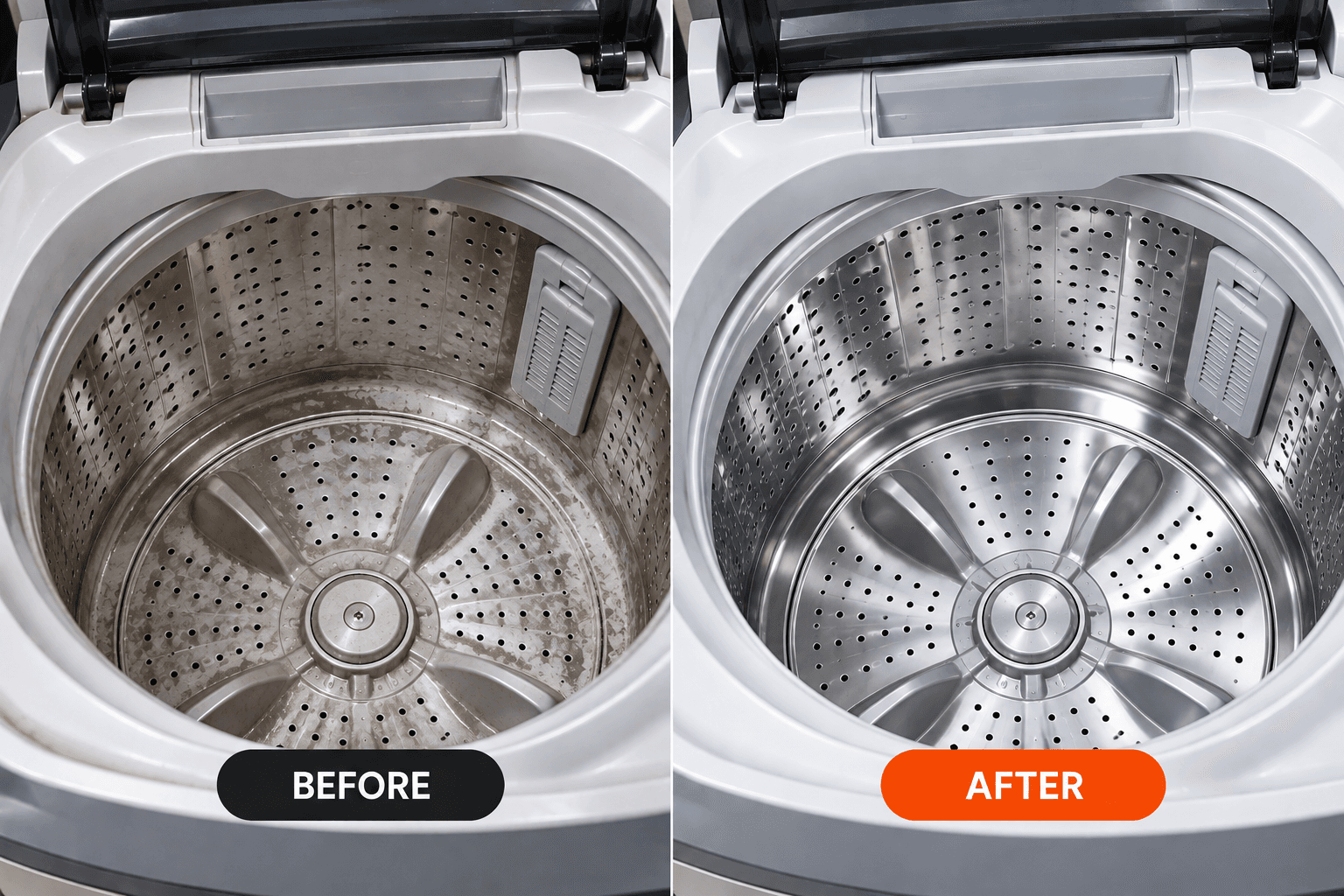 Top load washing machine drum before and after descaling with OrangeDemon cleaner liquid