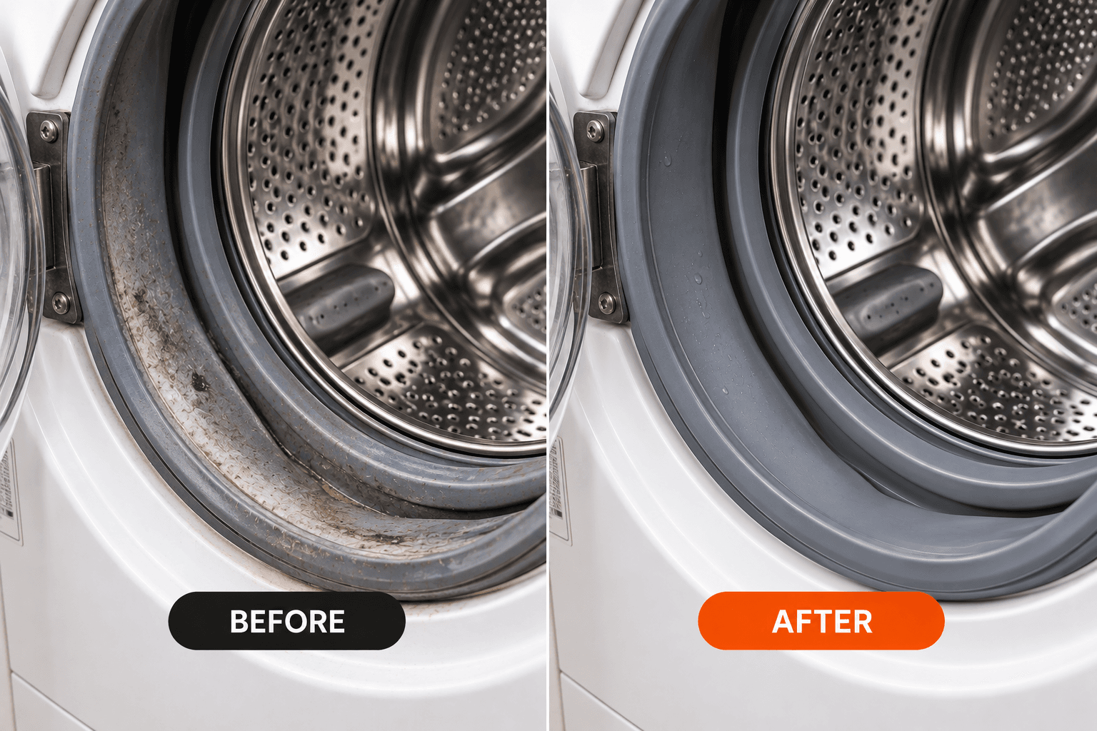 Front load washing machine door gasket before and after cleaning
