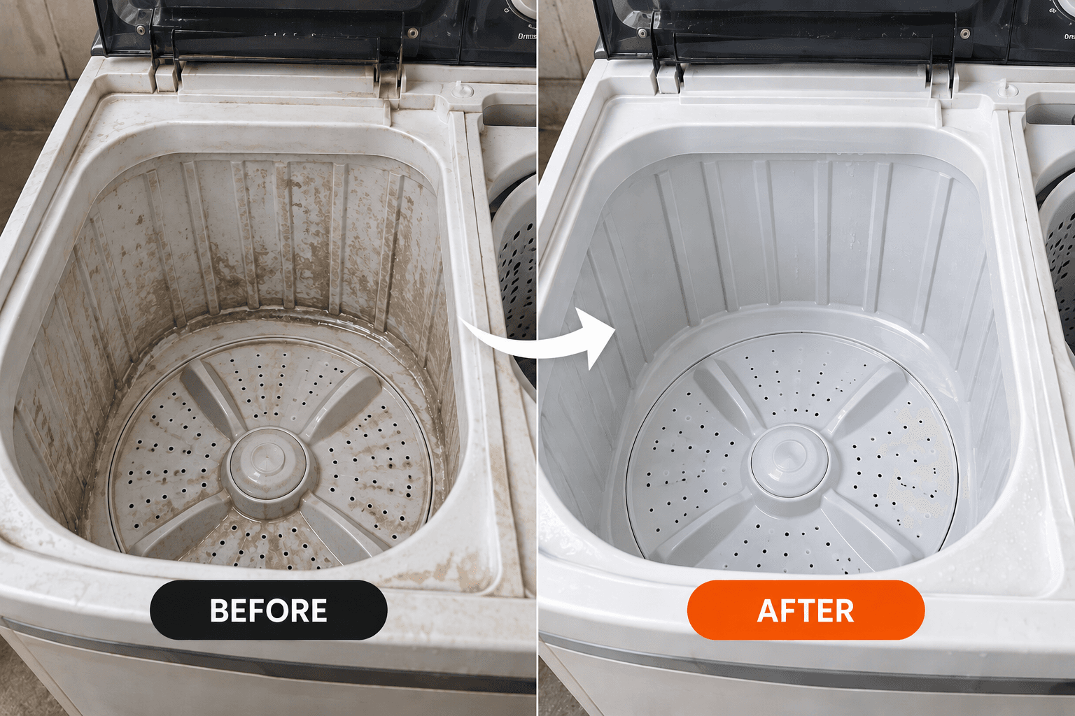 Semi-automatic washing machine wash tub before and after cleaning