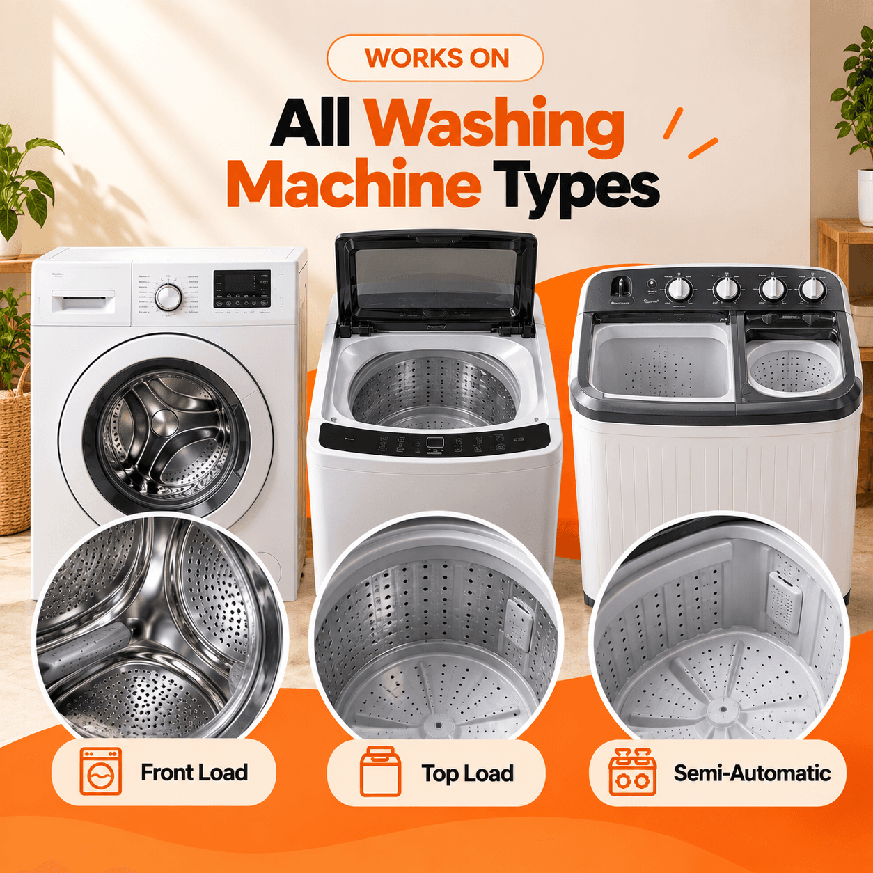 Works on front load, top load and semi-automatic washing machines