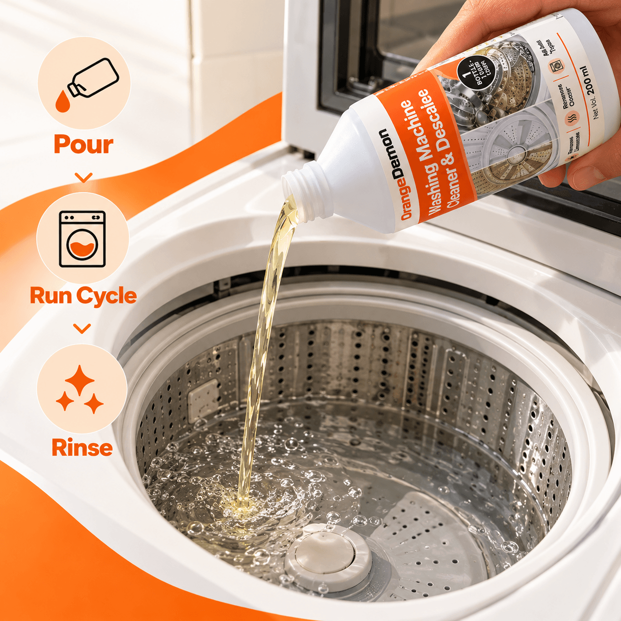 How to use: pour the full bottle into the empty drum, run the longest cycle, then rinse