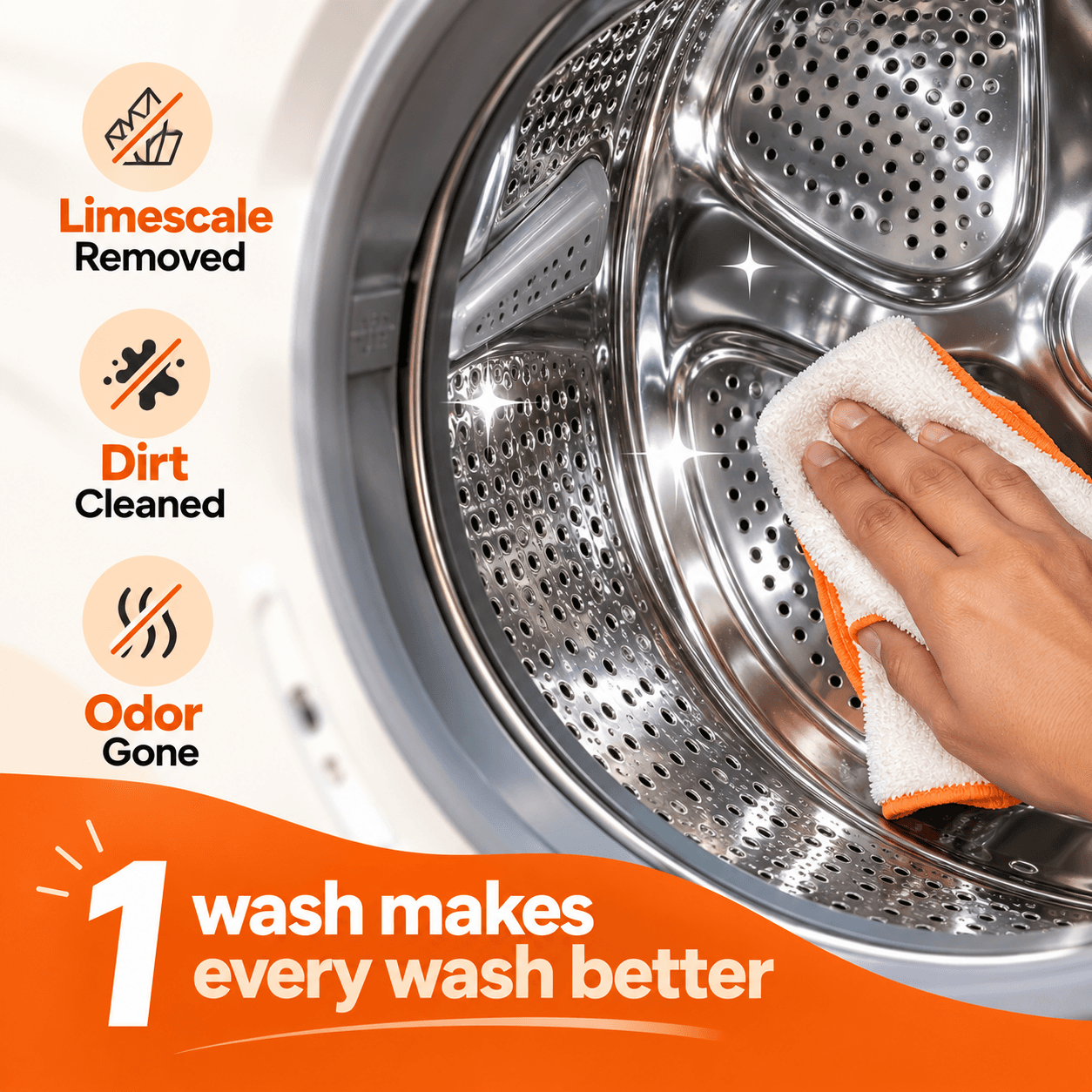 Removes limescale and musty odour from the washing machine drum in one wash