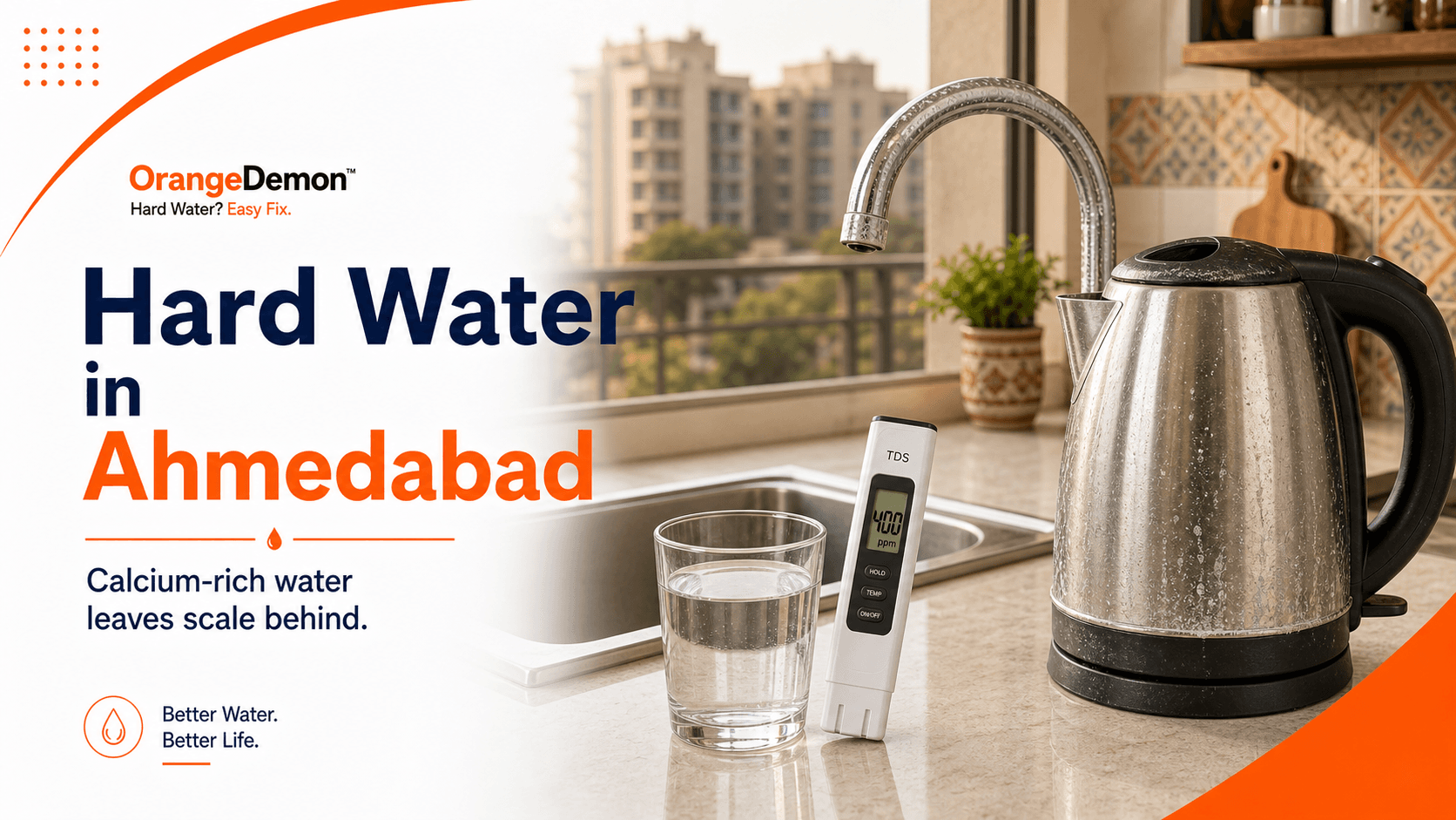 Ahmedabad apartment water check for kettle film, washer residue, geyser scale, showerhead deposits, and storage.