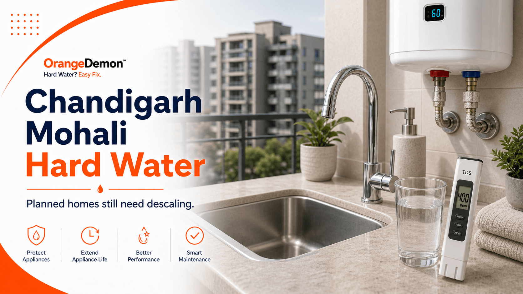Chandigarh household water check for a washing machine, geyser, kettle, showerhead, and storage tank.