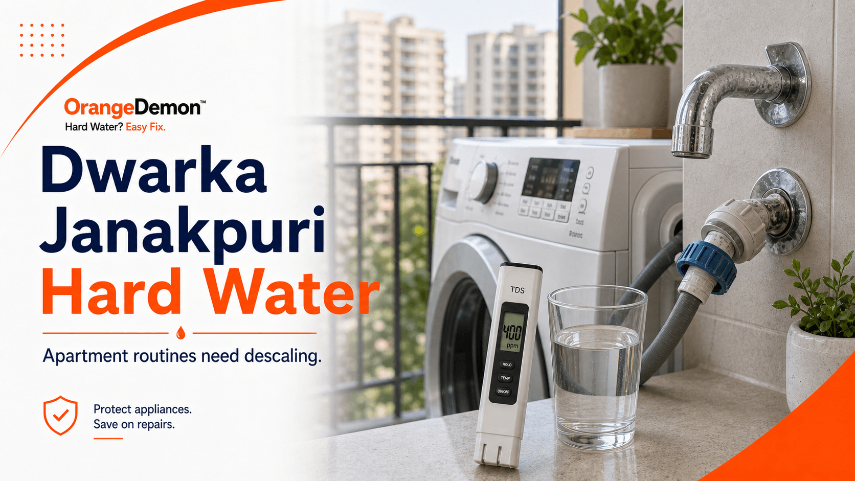 Dwarka apartment water check showing building storage, a washing machine, geyser, kettle, and showerhead.