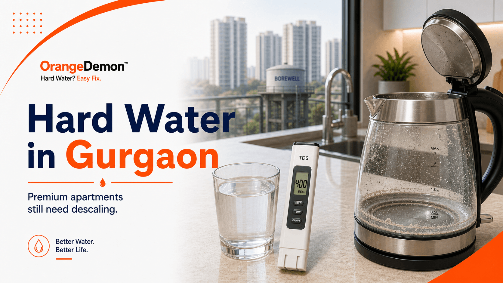Gurugram apartment water check showing a geyser, washer, kettle, showerhead, and building storage.