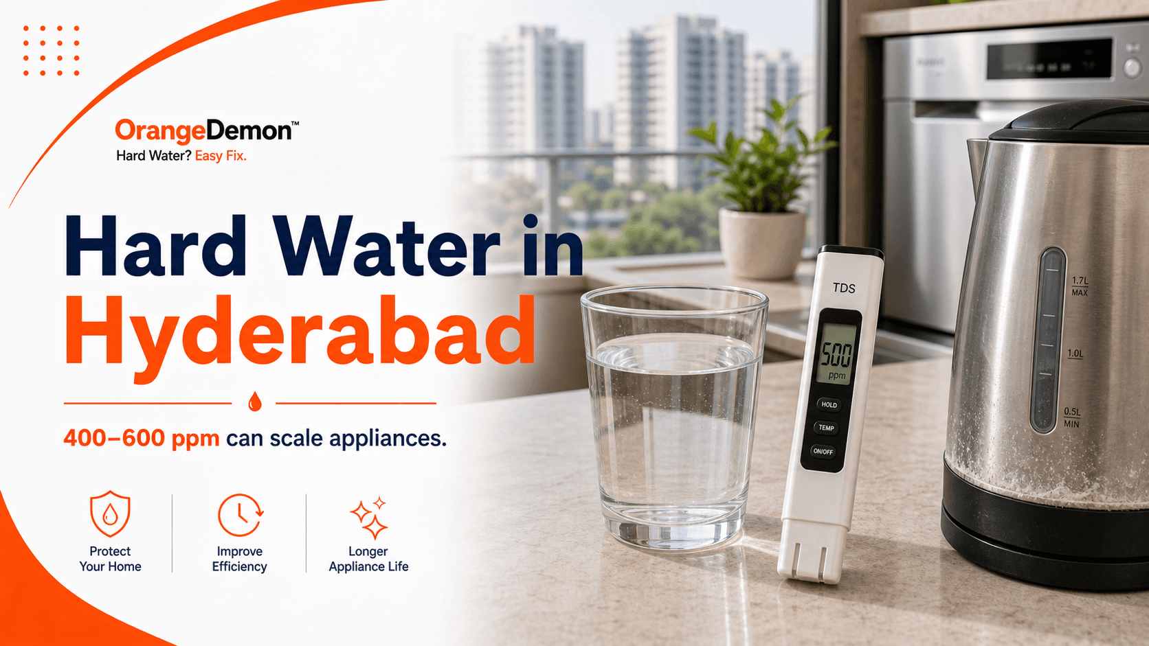 Hyderabad apartment appliances showing kettle film, showerhead deposits, a washing machine, and a geyser scale check.