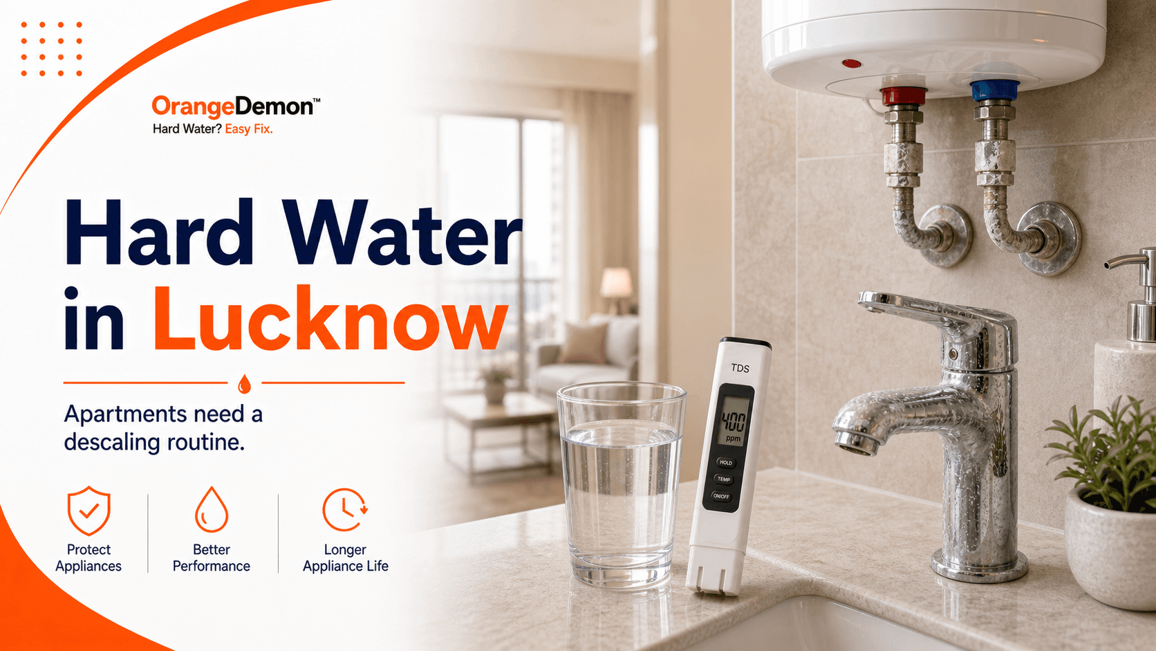 Lucknow apartment water check for a washing machine, geyser, kettle, showerhead, and building storage.