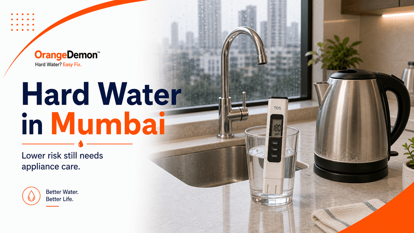 Mumbai apartment water check showing storage, kettle film, washing-machine residue, geyser scale, and showerhead deposits.