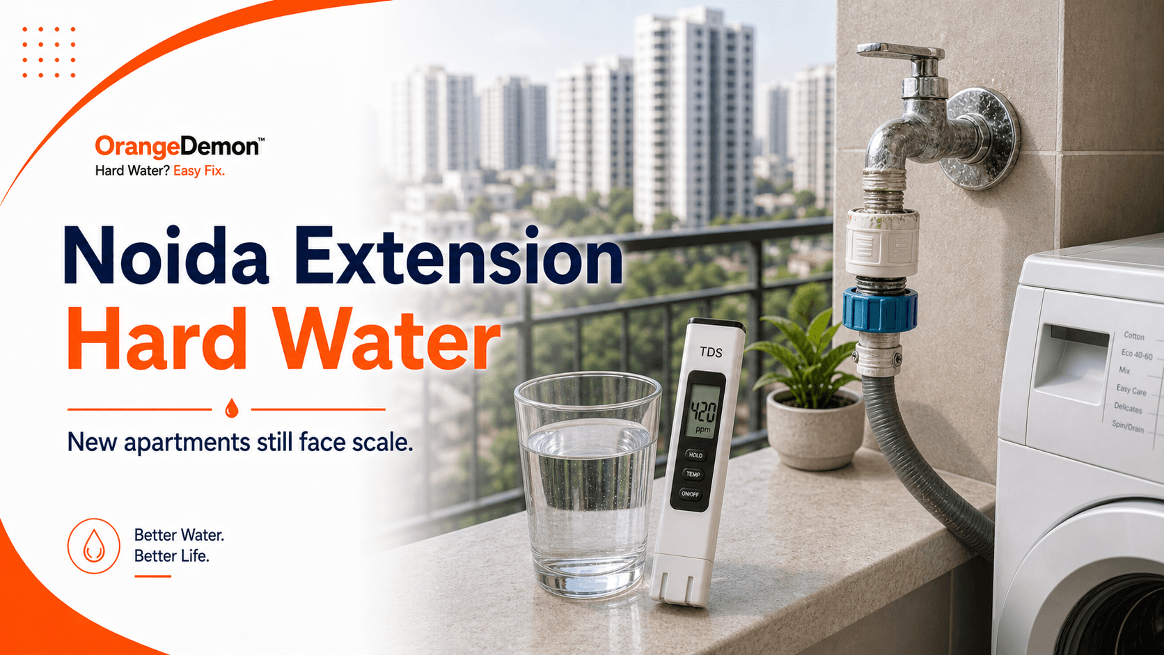 Greater Noida apartment move-in water check for a washing machine, geyser, kettle, showerhead, and storage tank.