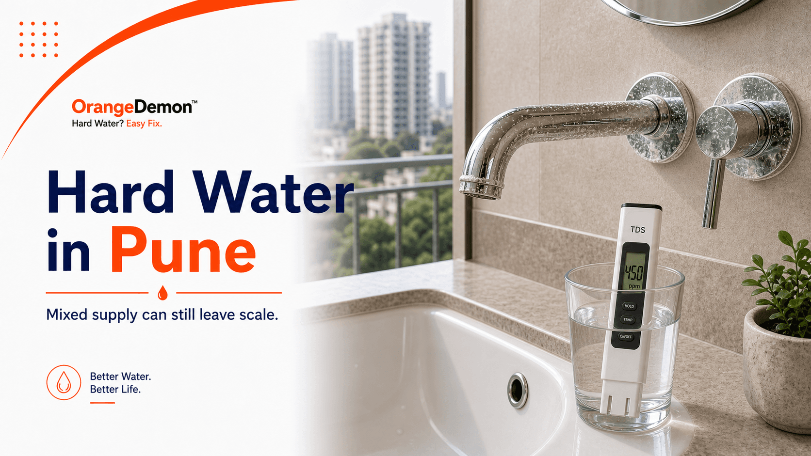 Pune apartment water-source check with washing-machine residue, geyser scale, kettle film, and building storage.