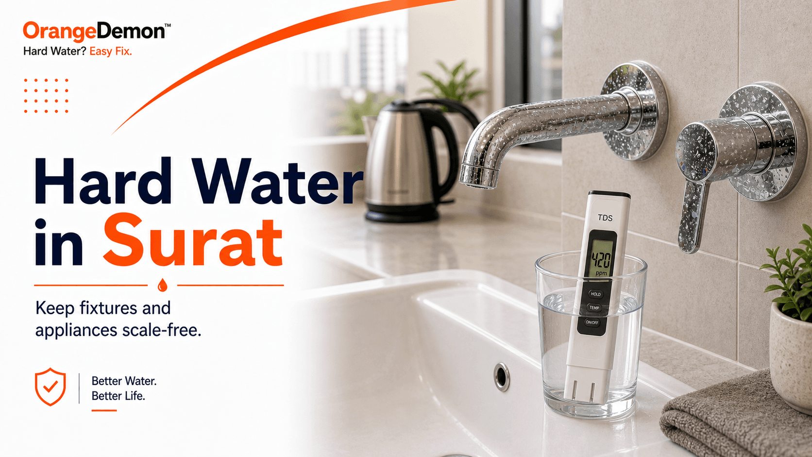 Surat apartment water check with a washing machine, geyser, kettle, showerhead, and society storage.