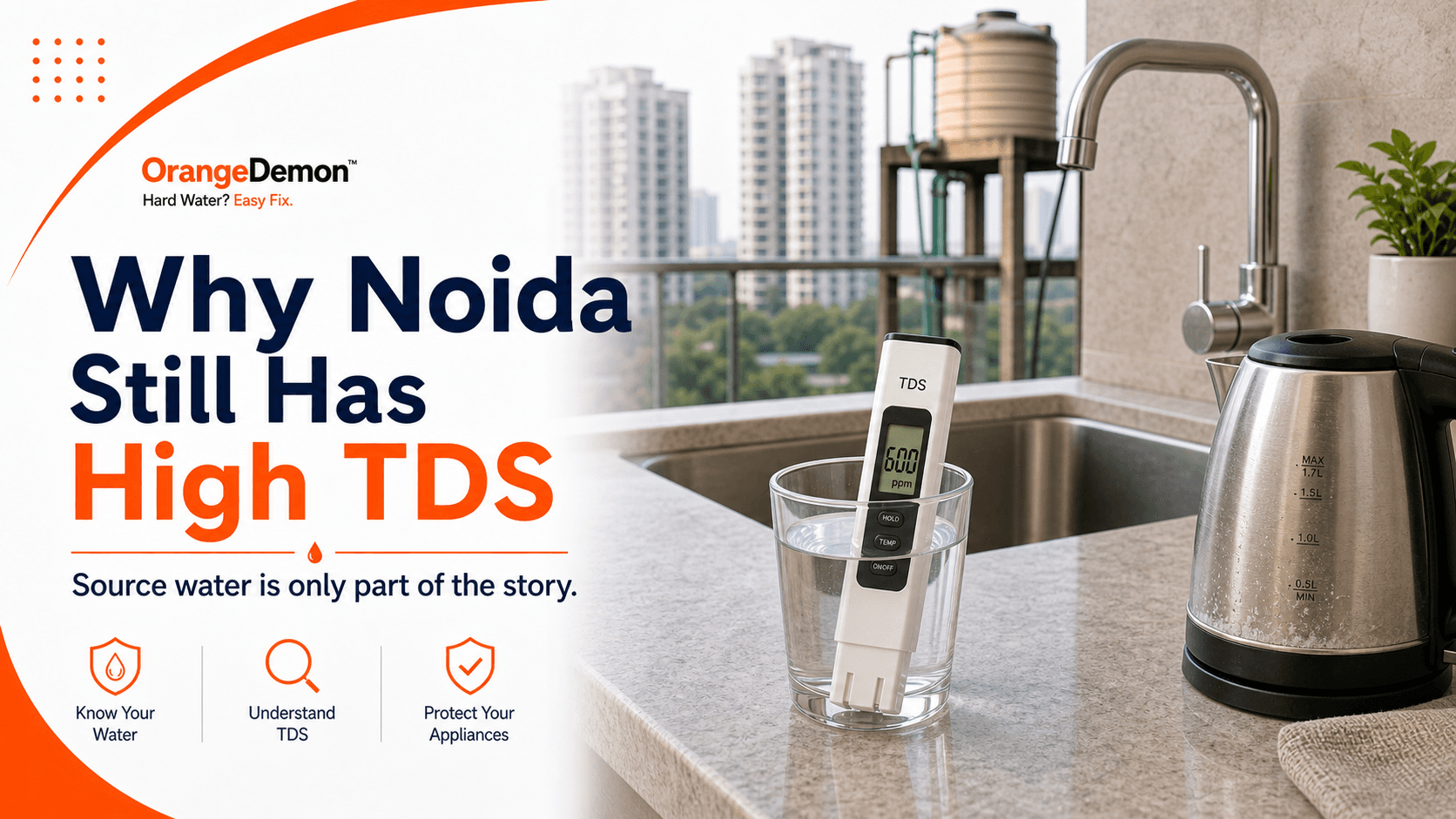 Noida apartment water route from building storage to a geyser, washing machine, kettle, and showerhead.