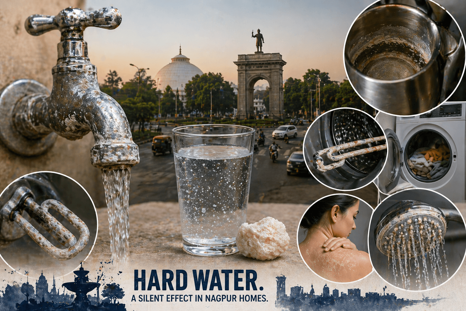 Hard water symptoms across Nagpur homes, including tap scale, kettle residue, showerhead deposits, heater buildup, washing machine scale, and skin irritation.