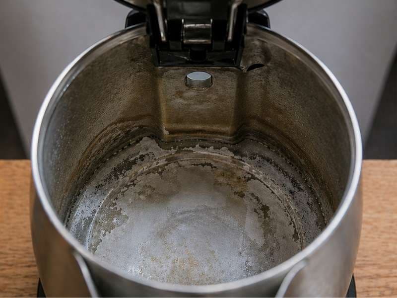 Kettle with hard-water scale buildup before using OrangeDemon
