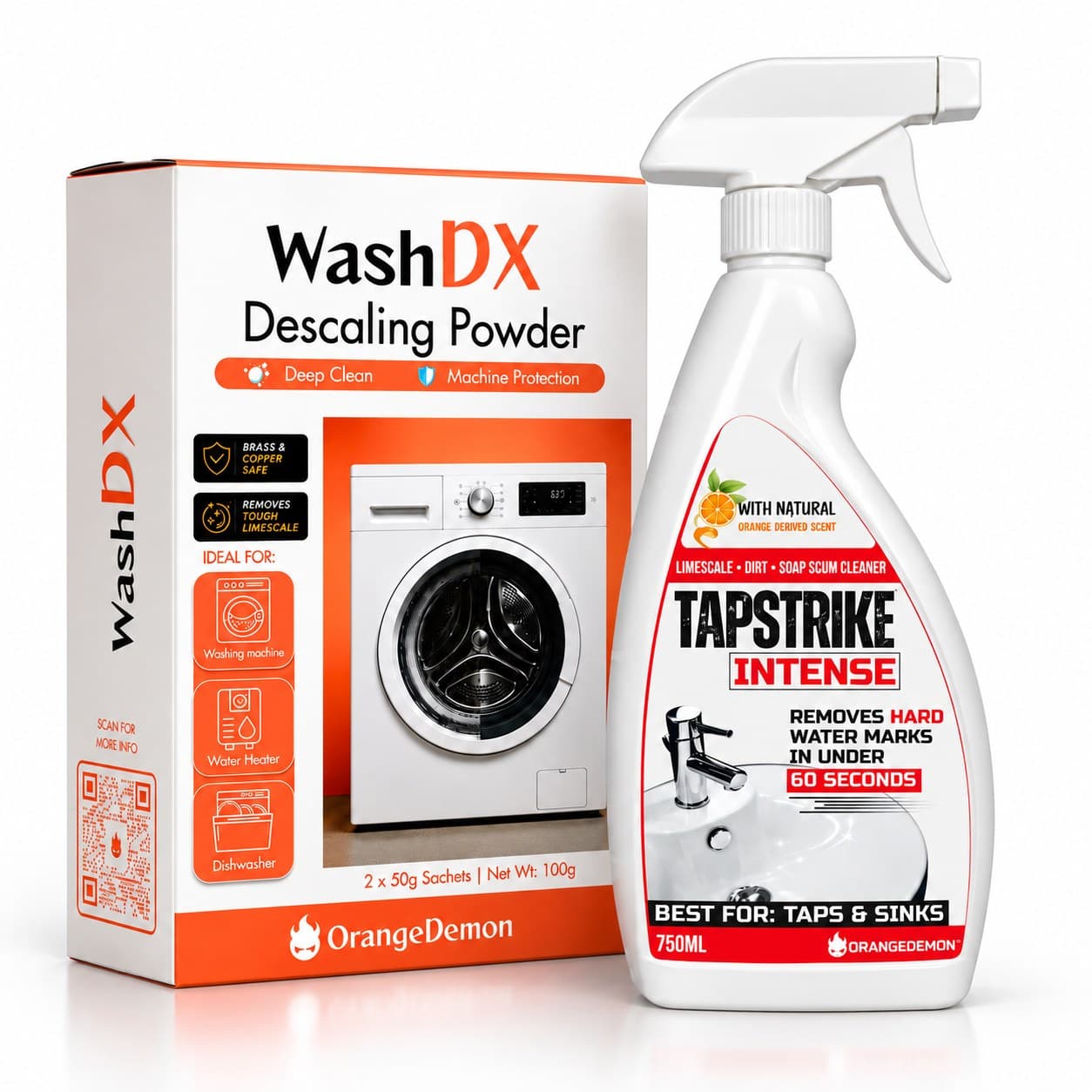 OrangeDemon Hard Water Home Combo: WashDX descaling powder box and TapStrike Intense 750ml spray
