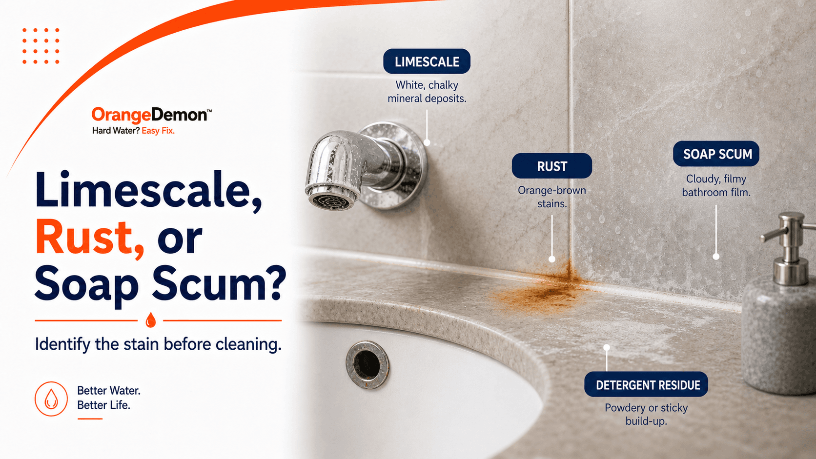 Limescale vs Rust vs Soap Scum vs Detergent Residue: How to Identify the Deposit Before Cleaning