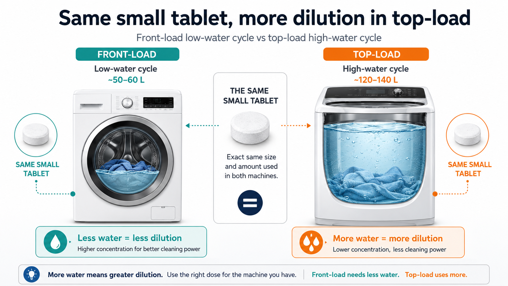 Front-load low-water cycle versus top-load high-water cycle showing the same small tablet gets more diluted in top-load