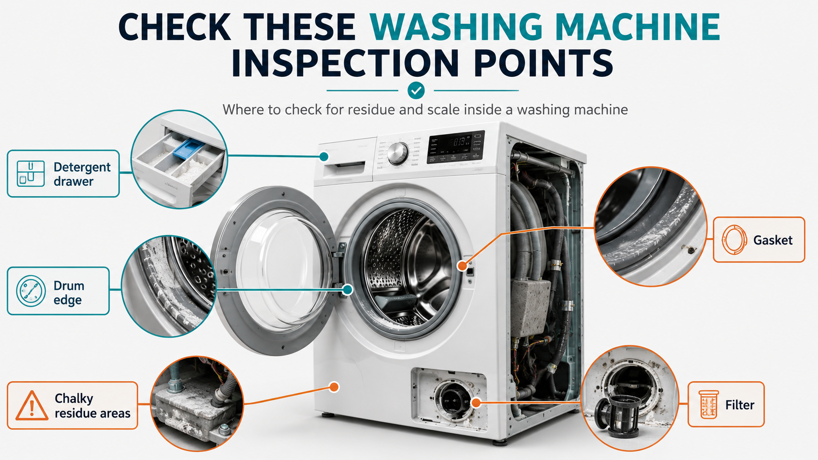 Washing machine inspection points for detergent drawer, drum edge, gasket, filter and chalky residue areas